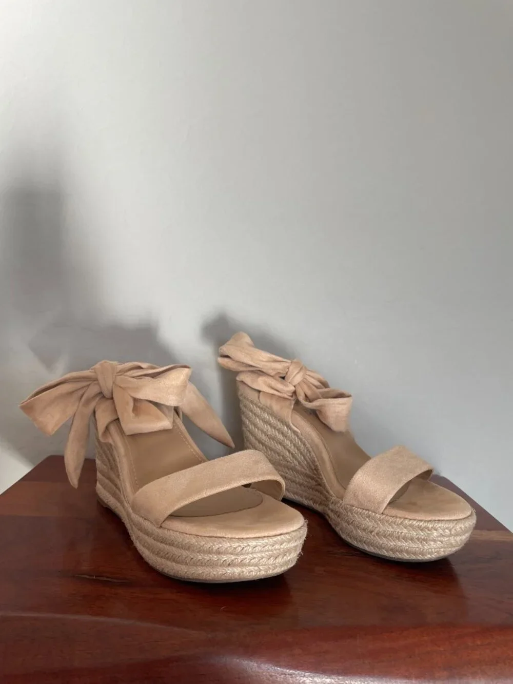 DREAM PAIRS Womens Open-Toe Espadrilles Wedges Tie Up Ankle Strap (Nude Color)